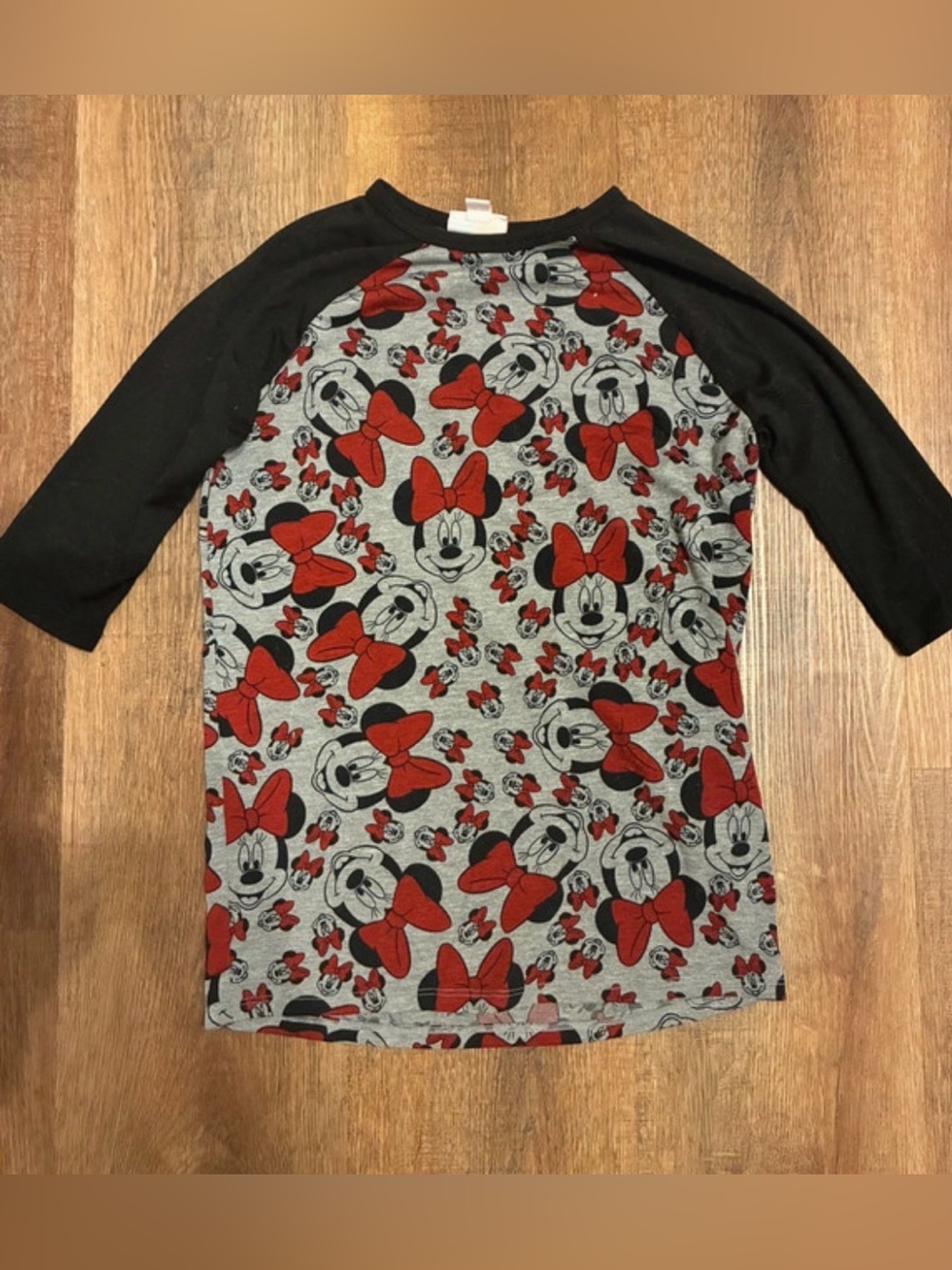 LulaRoe Kids Disney Minnie Mouse Raglan Top — Gray & Red with Black Sleeves